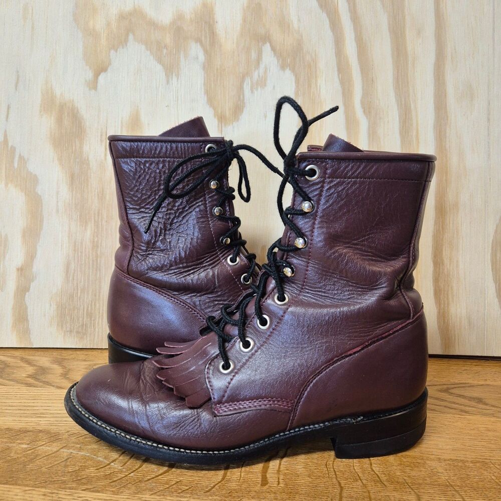 Vintage Justin L0510 Womens 5.5B Burgundy Leather Kiltie Boots USA